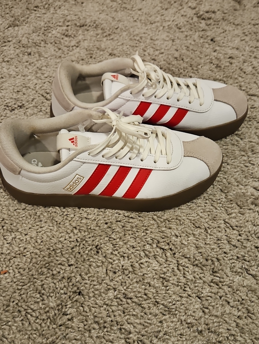 adidas White Sneakers with Red Stripes and Gum Sole